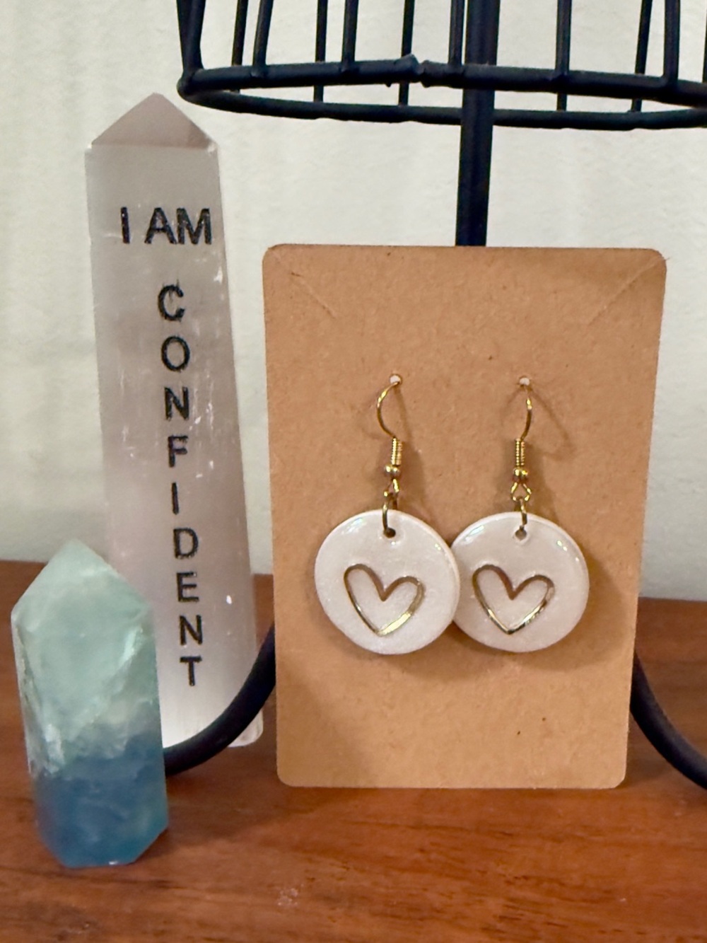 Handmade Gold Heart Accent White Drop Earrings